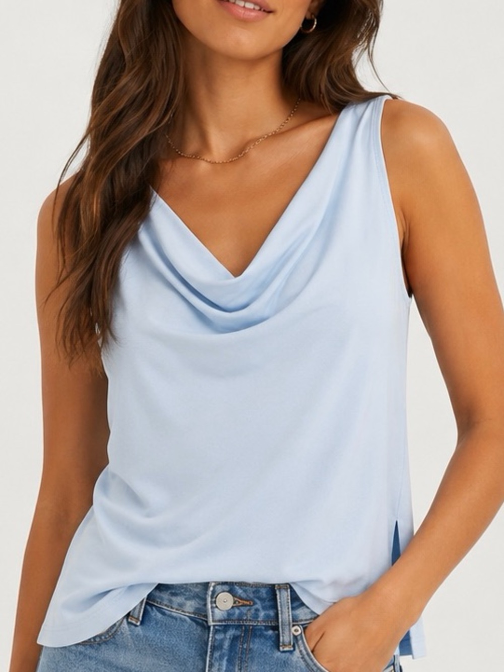 WAYF Baby Blue Draped Cowl Neck Tank Top Medium